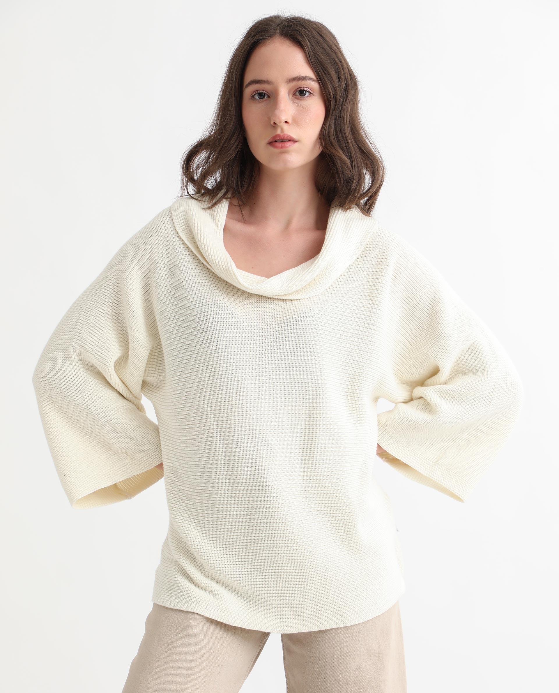 Rareism Women's Cleo Offwhite Cowl Neck Plain Relaxed Fit Sweater