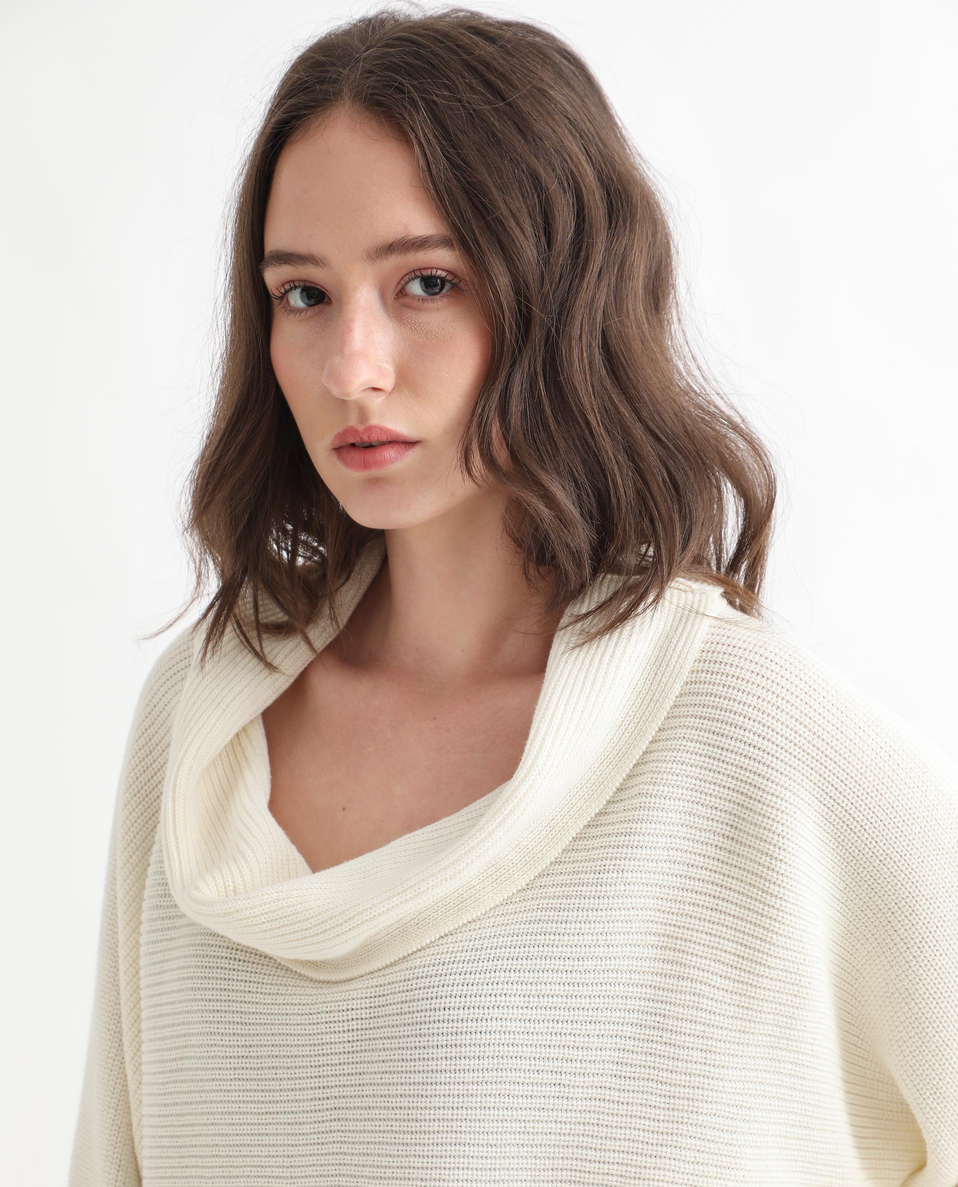 Rareism Women's Cleo Offwhite Cowl Neck Plain Relaxed Fit Sweater