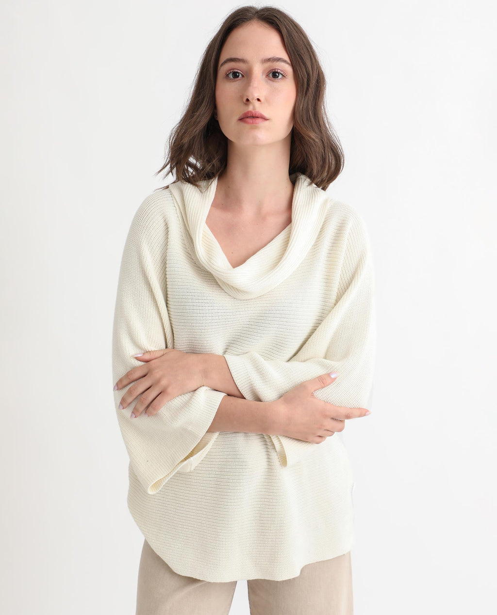 Rareism Women's Cleo Offwhite Cowl Neck Plain Relaxed Fit Sweater