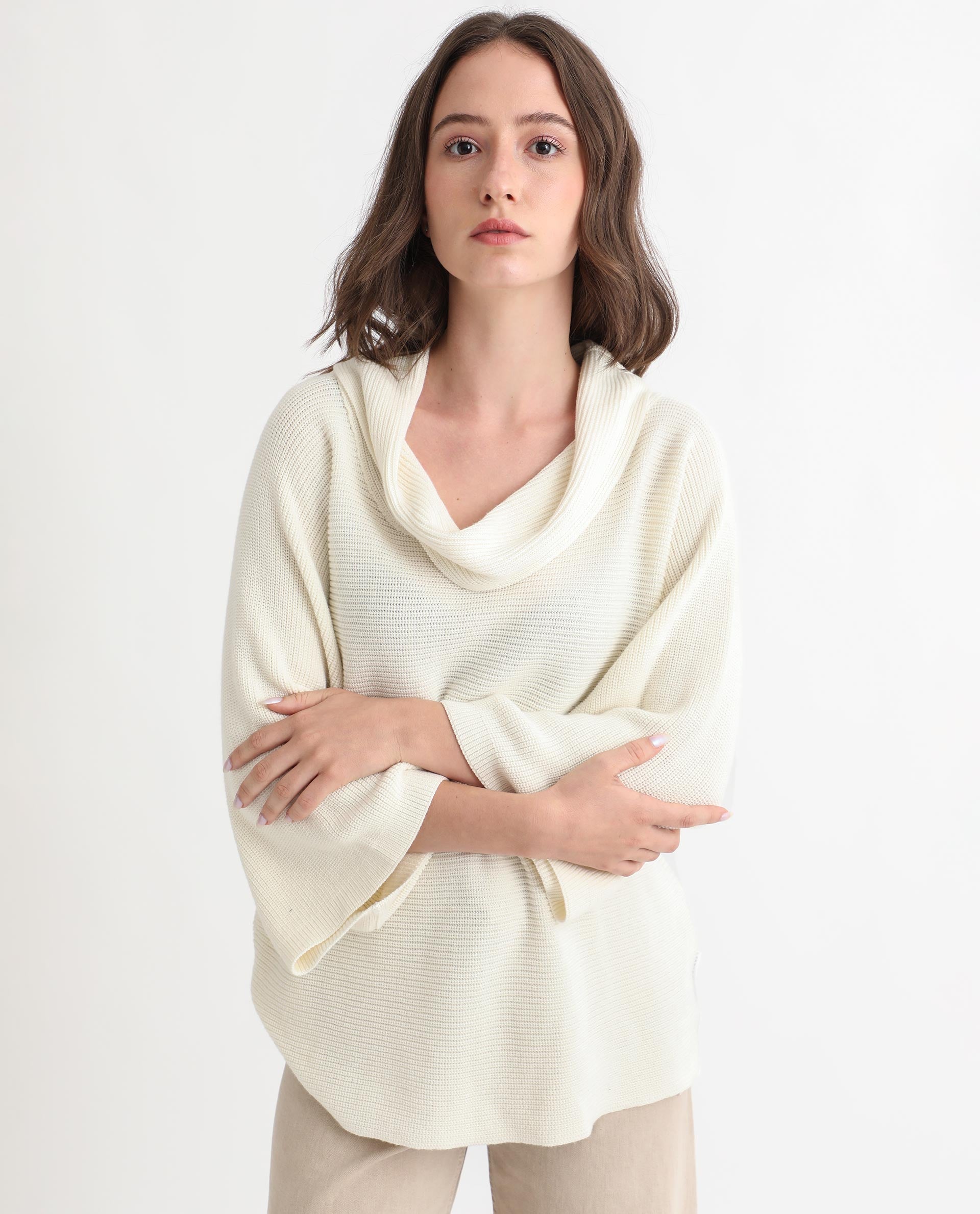 Rareism Women's Cleo Offwhite Cowl Neck Plain Relaxed Fit Sweater