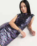 Rareism Women's Clory Sheen Multi Polyester High Neck Sequined Extended Sleeves Mini Regular Fit Dress