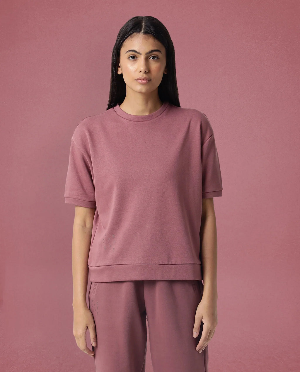 Rareism Women's Medium Weight Terry 290 Gsm Cotton Crew Neck Plain Relaxed Fit Sweat Tee