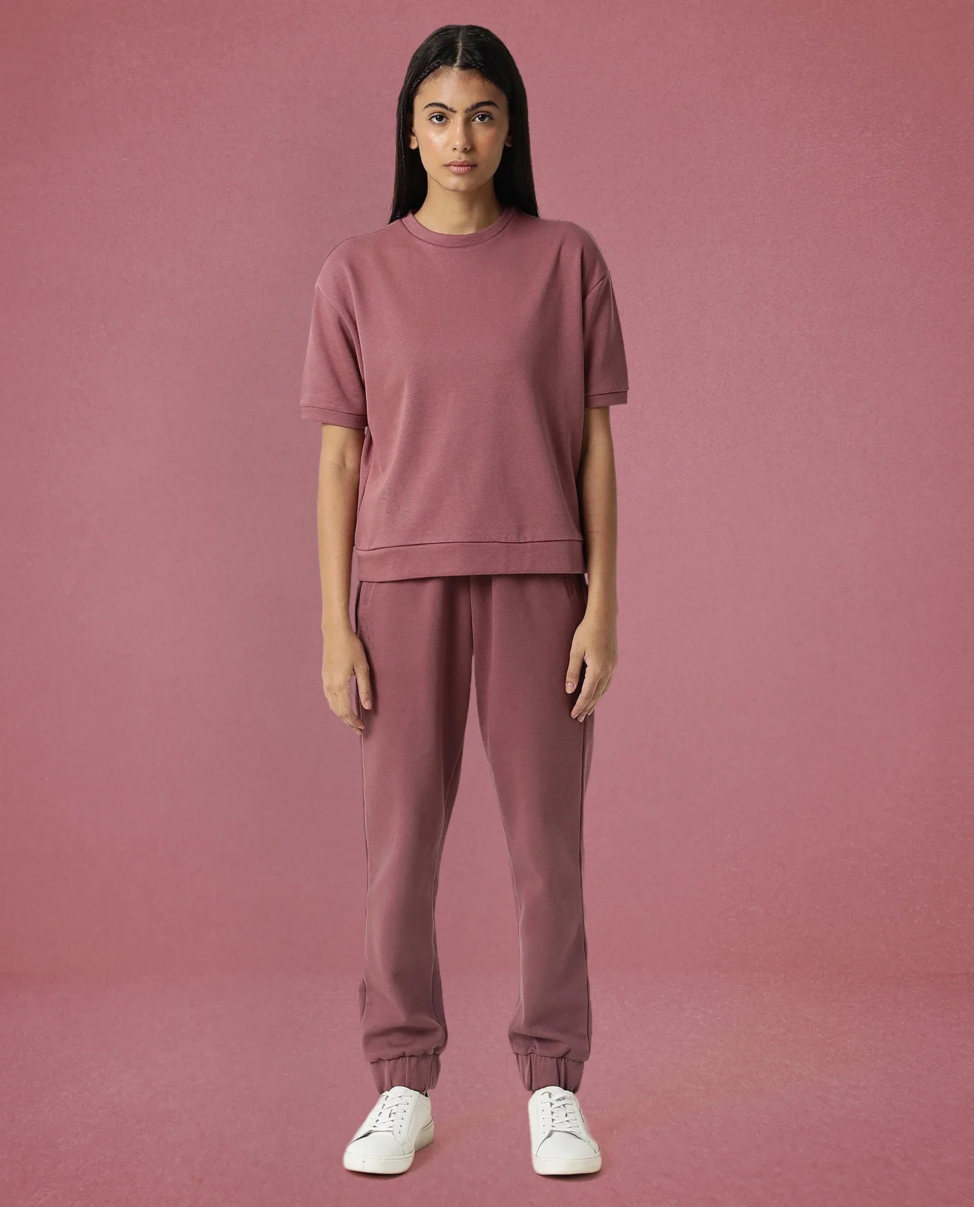 Rareism Women's Medium Weight Terry 290 Gsm Cotton Crew Neck Plain Relaxed Fit Sweat Tee