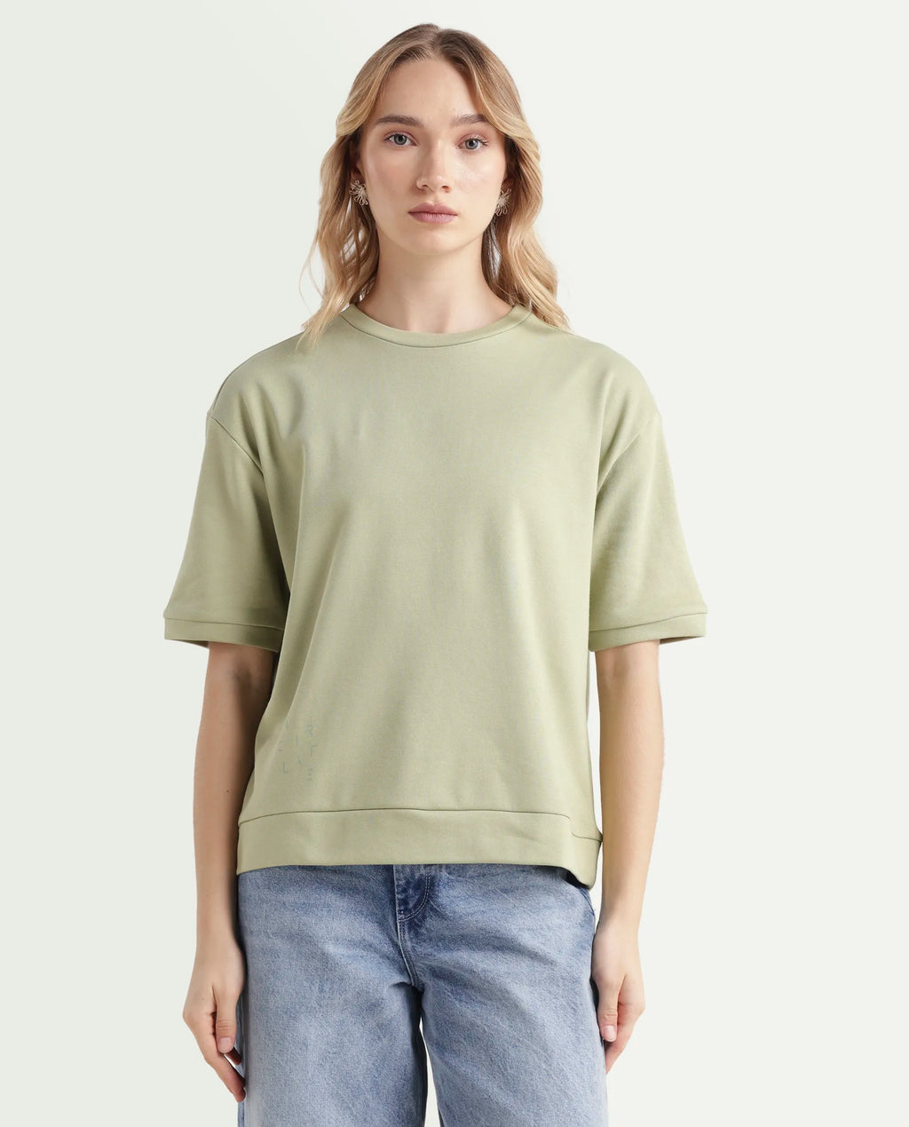 Rareism Women's Medium Weight Terry 290 Gsm Cotton Crew Neck Plain Relaxed Fit Sweat Tee