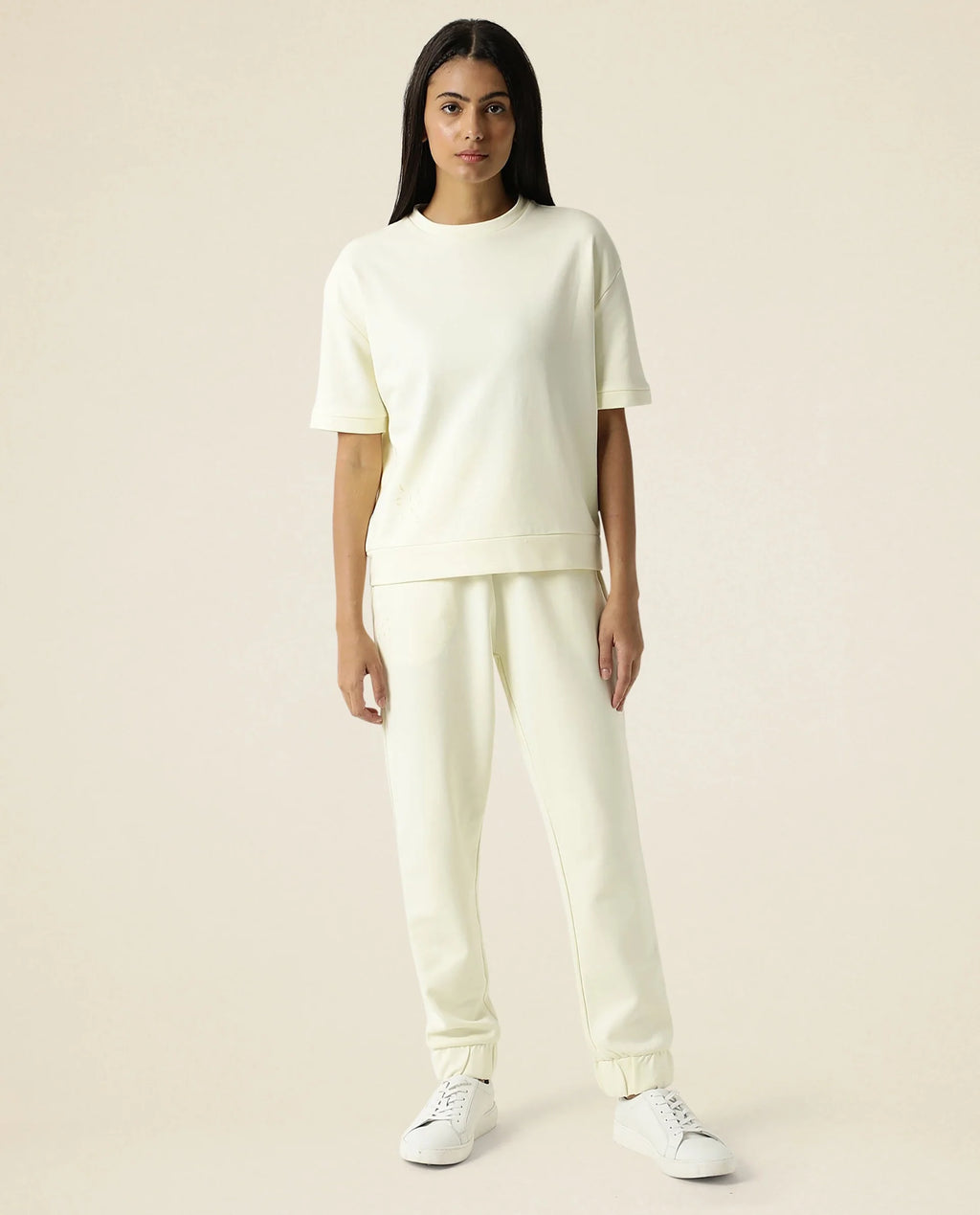 Rareism Women's Medium Weight Terry 290 Gsm Cotton Crew Neck Plain Relaxed Fit Sweat Tee