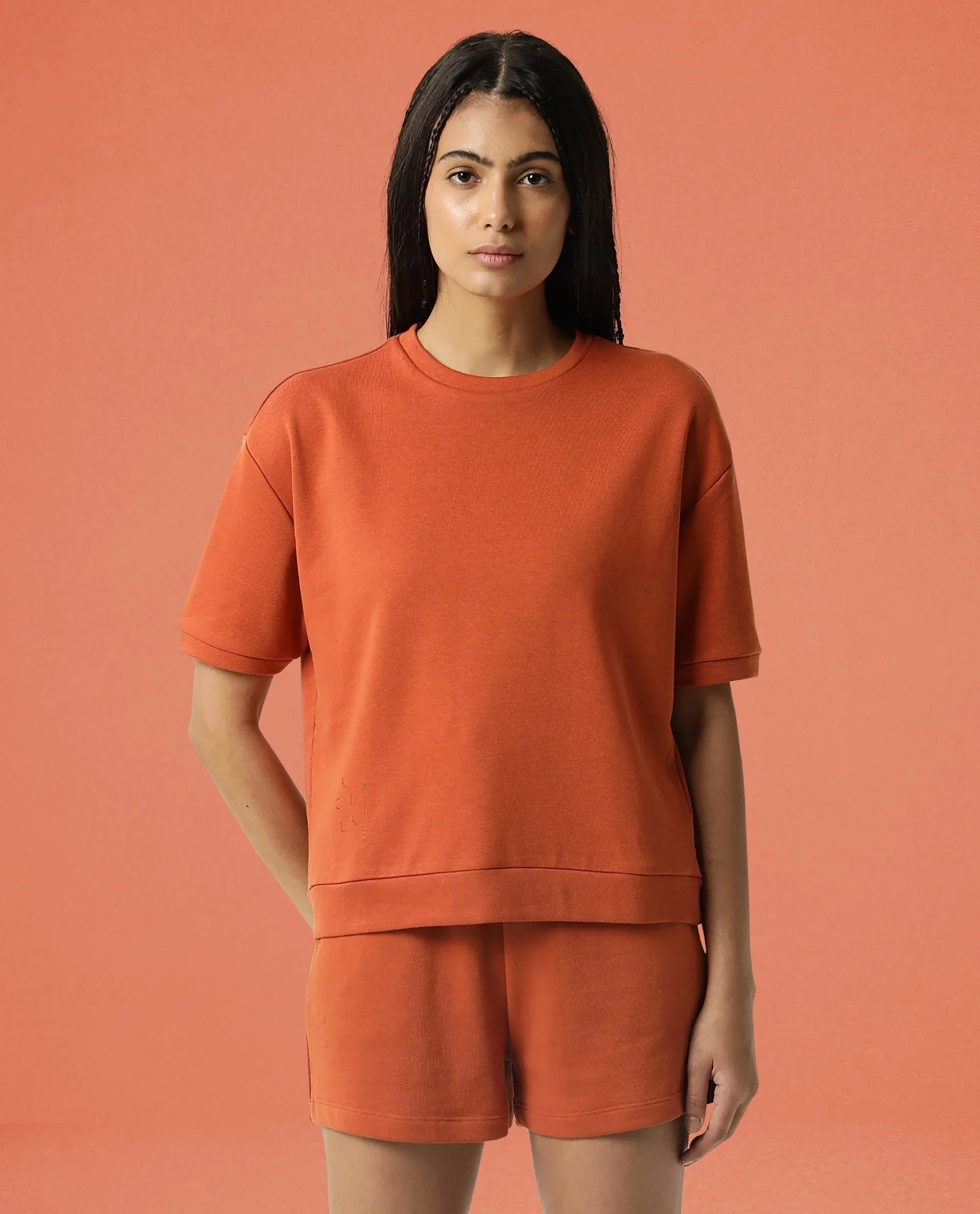 Rareism Women's Medium Weight Terry 290 Gsm Cotton Crew Neck Plain Relaxed Fit Sweat Tee