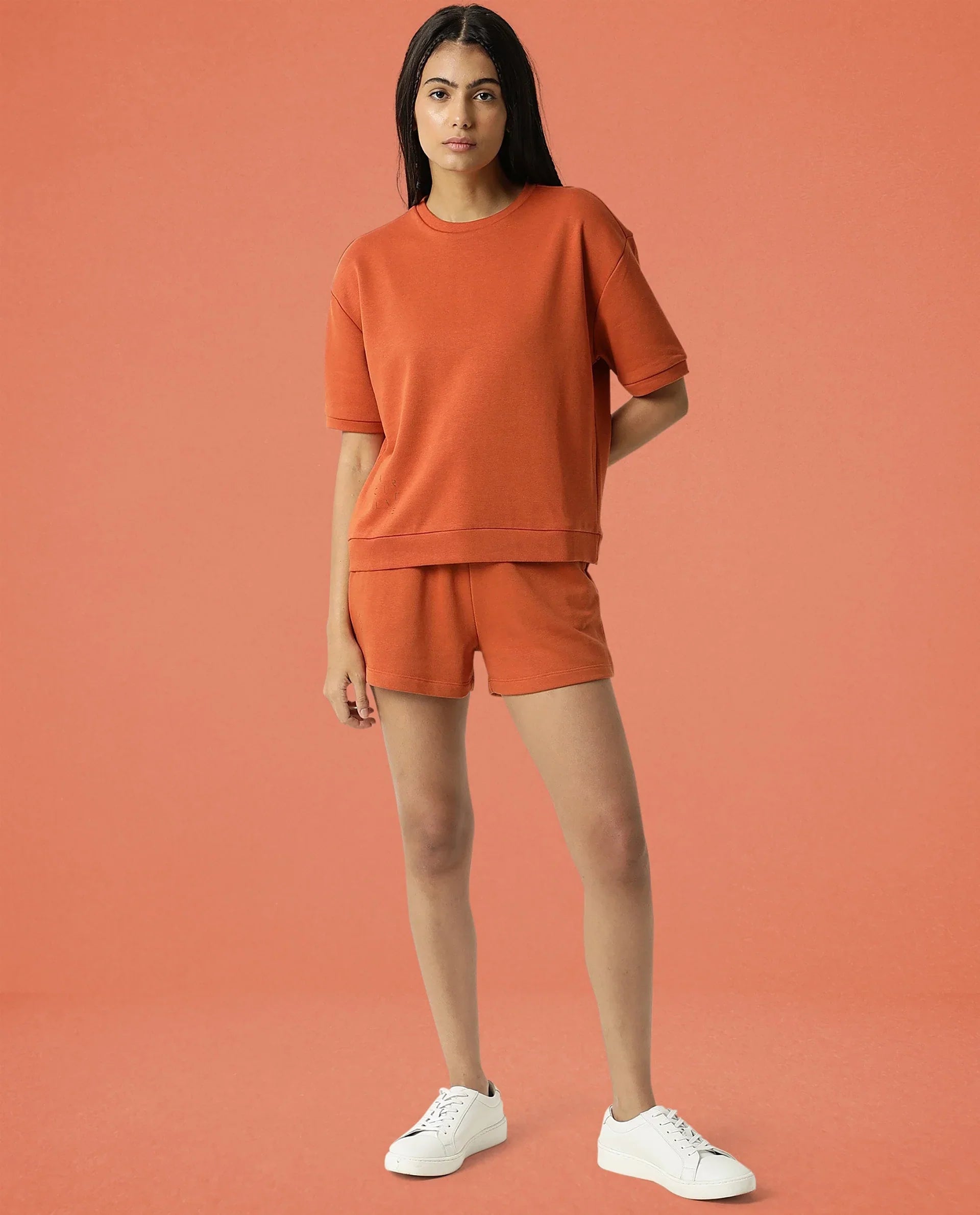 Rareism Women's Medium Weight Terry 290 Gsm Cotton Crew Neck Plain Relaxed Fit Sweat Tee