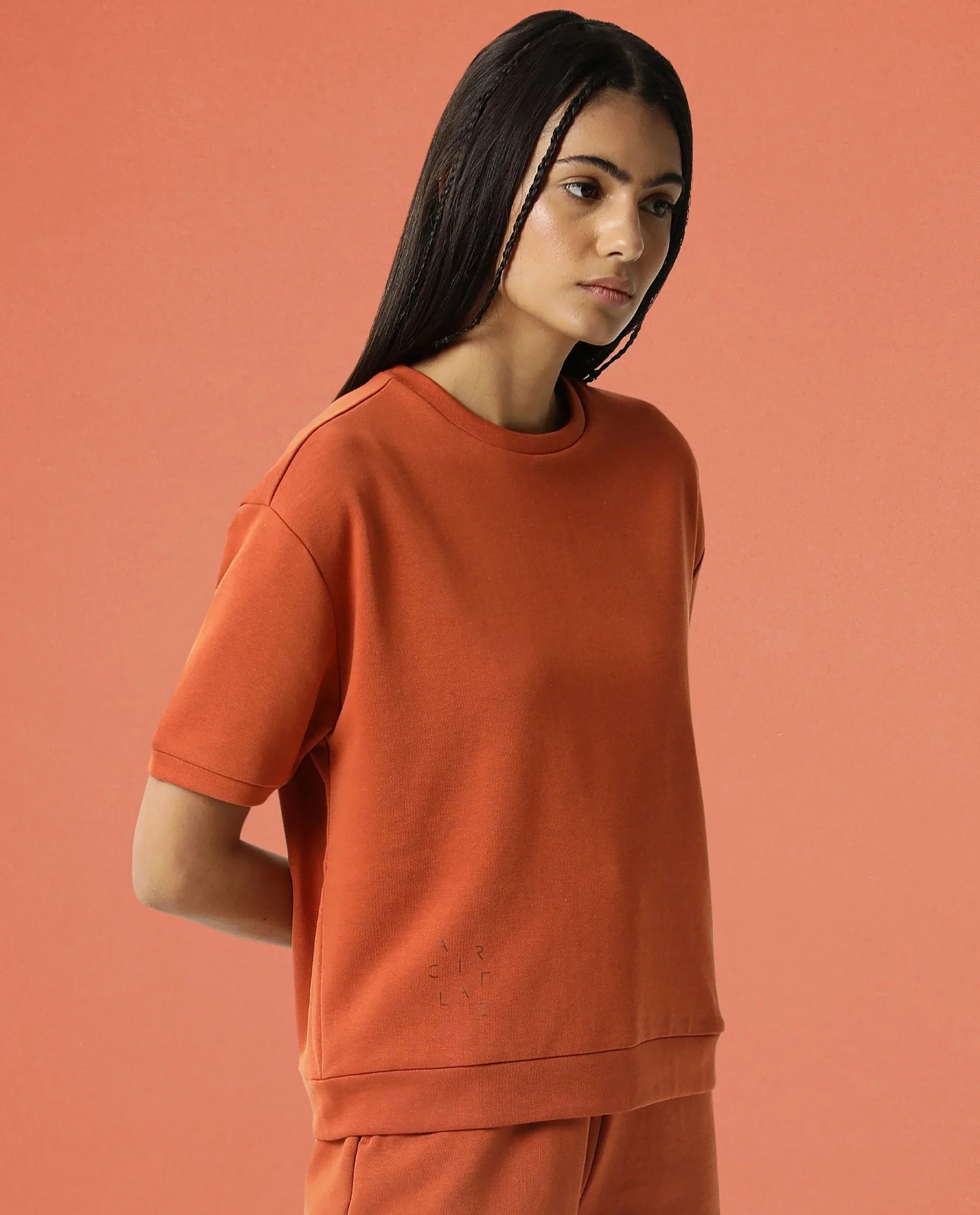 Rareism Women's Medium Weight Terry 290 Gsm Cotton Crew Neck Plain Relaxed Fit Sweat Tee
