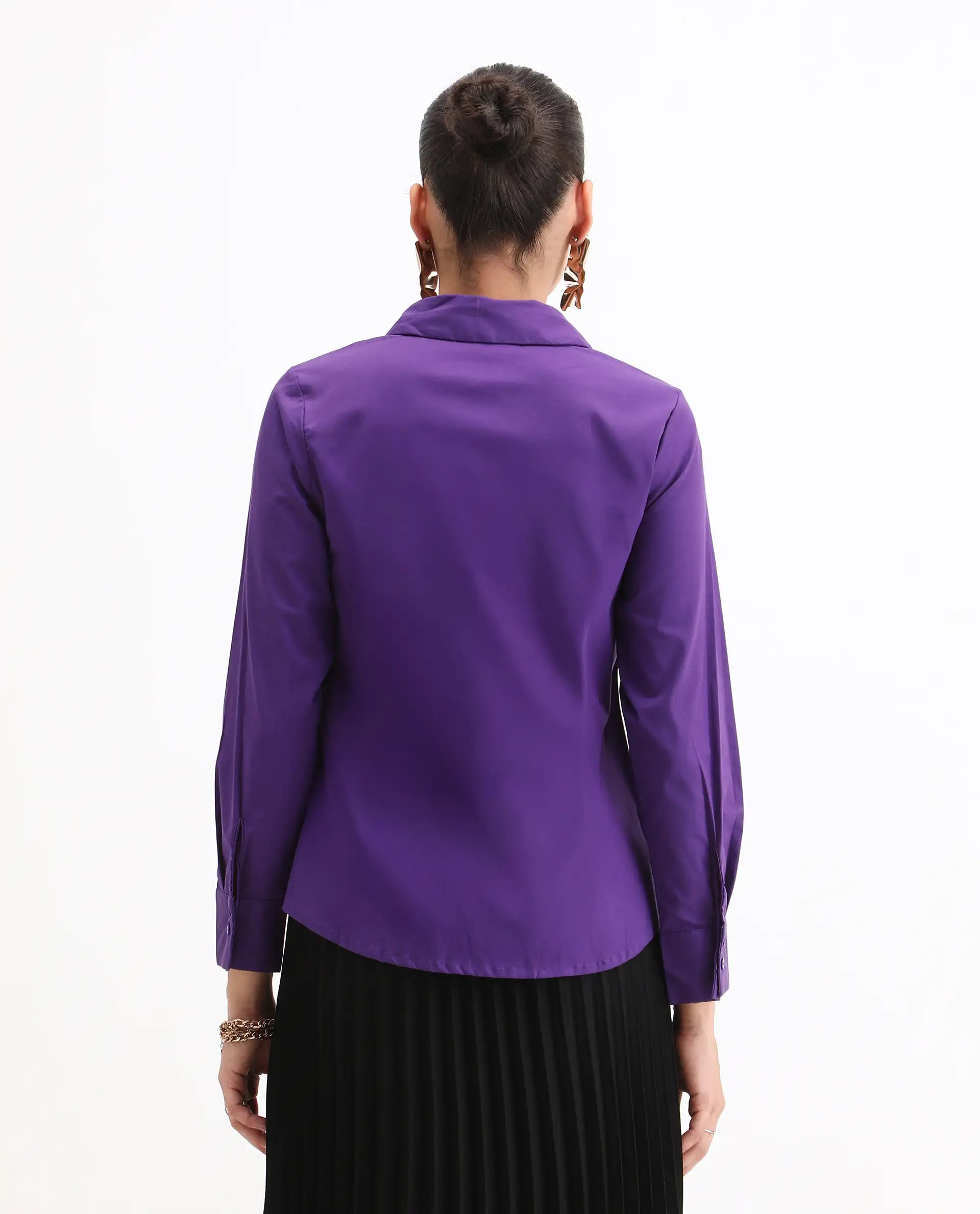 Rareism Women's Cojin Purple Cotton Blend Drop Collar Plain Cuffed Sleeve Regular Fit Top
