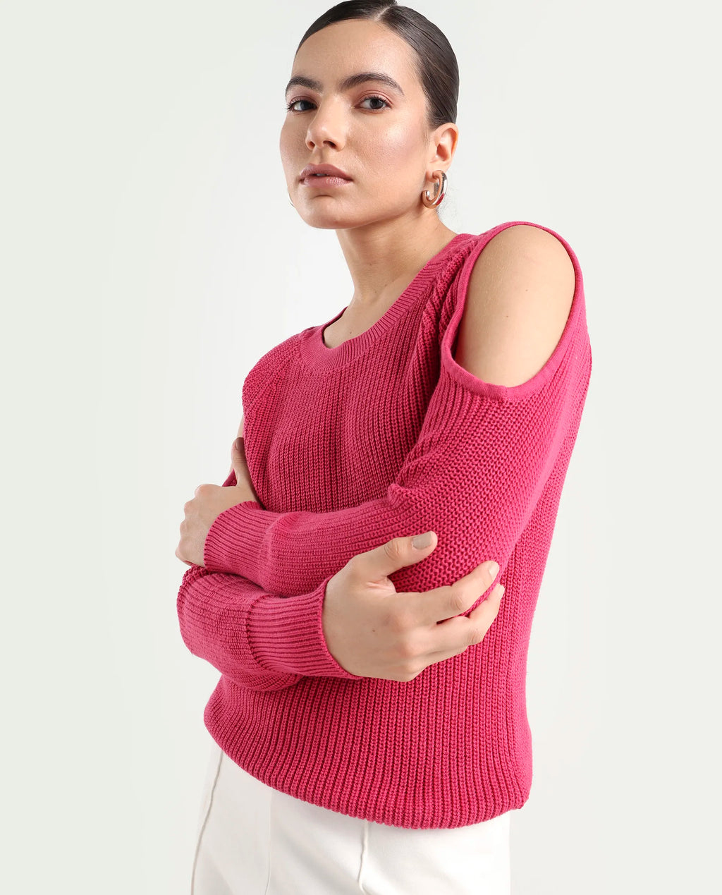 Rareism Women's Cold Pink Cotton Boat Neck Plain Slim Fit Sweater