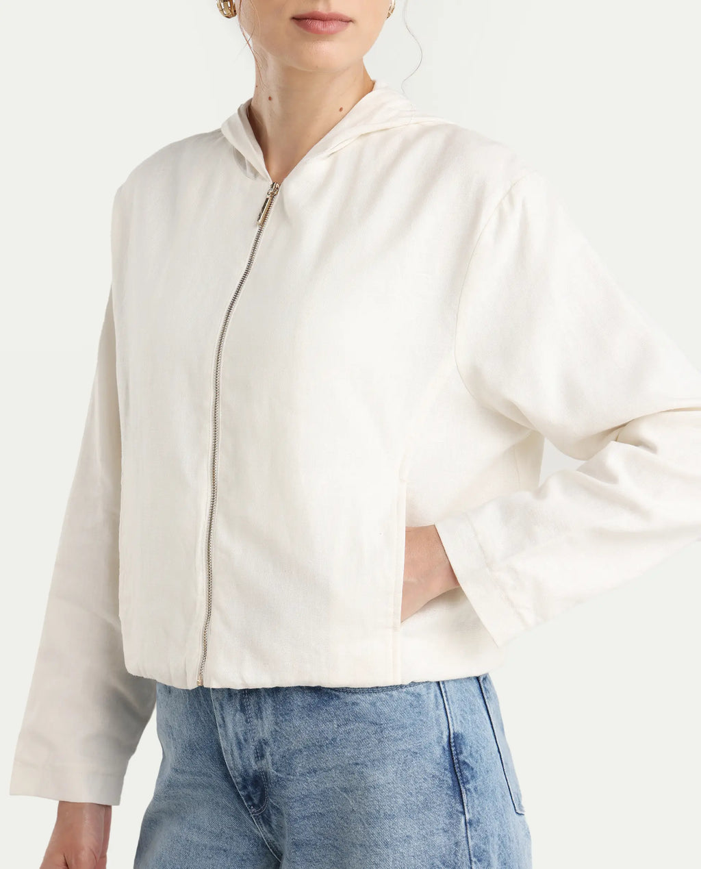 Rareism Women's Colin-T Off White Linen Blend Hooded Regular Fit Jacket