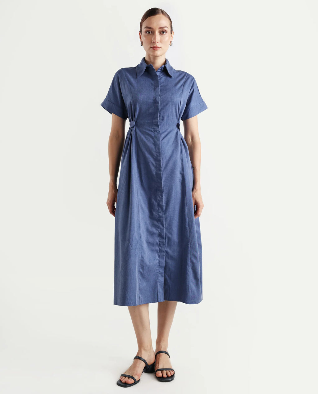 Rareism Women's Comatch Dark Blue Polyester Drop Collar Plain Extended Sleeves Maxi Fit And Flare Dress
