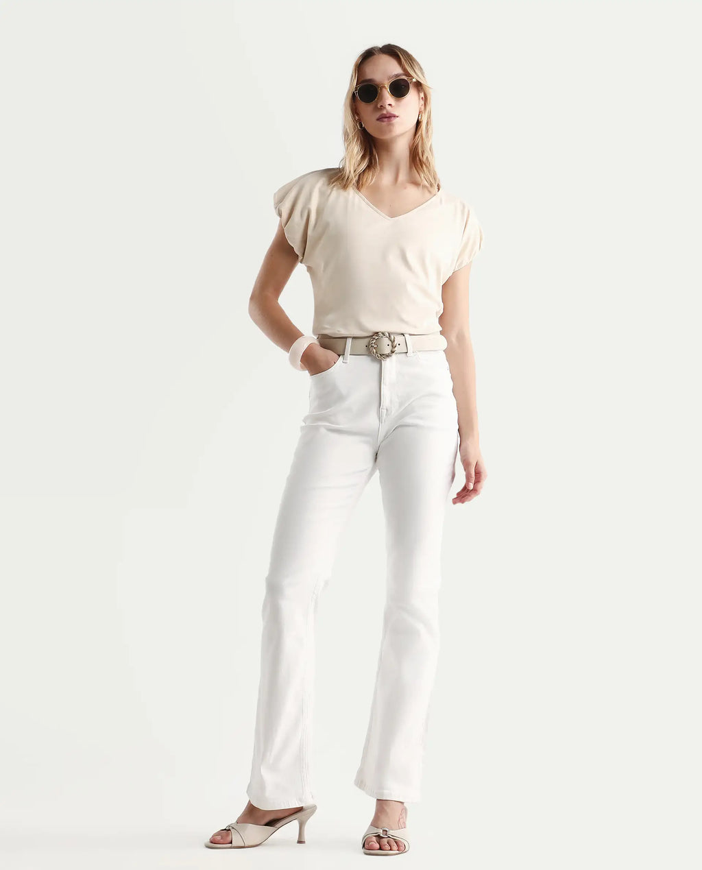 Rareism Women's Conrad Beige Cotton V-Neck Plain Extended Sleeves Regular Fit Top