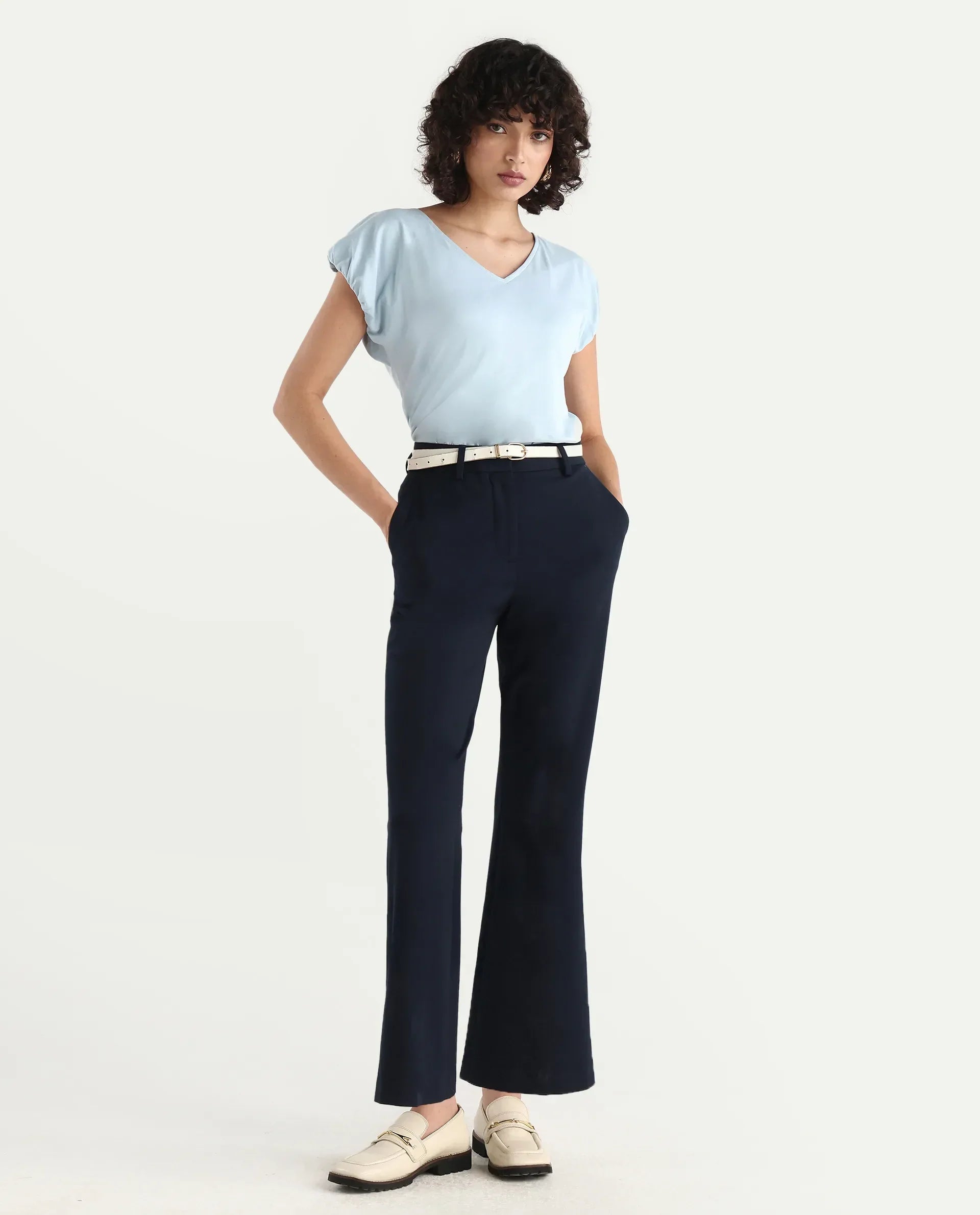 Rareism Women's Conrad Light Blue Cotton V-Neck Plain Extended Sleeves Regular Fit Top