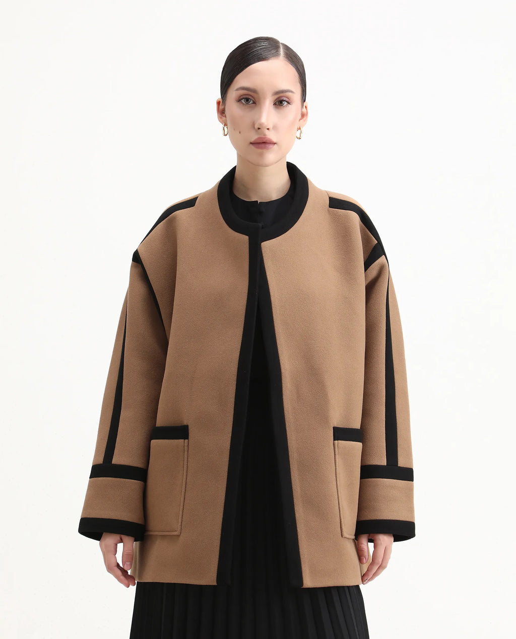 Rareism Women's Contra Tan Polyester Crew Neck Regular Fit Plain Jacket