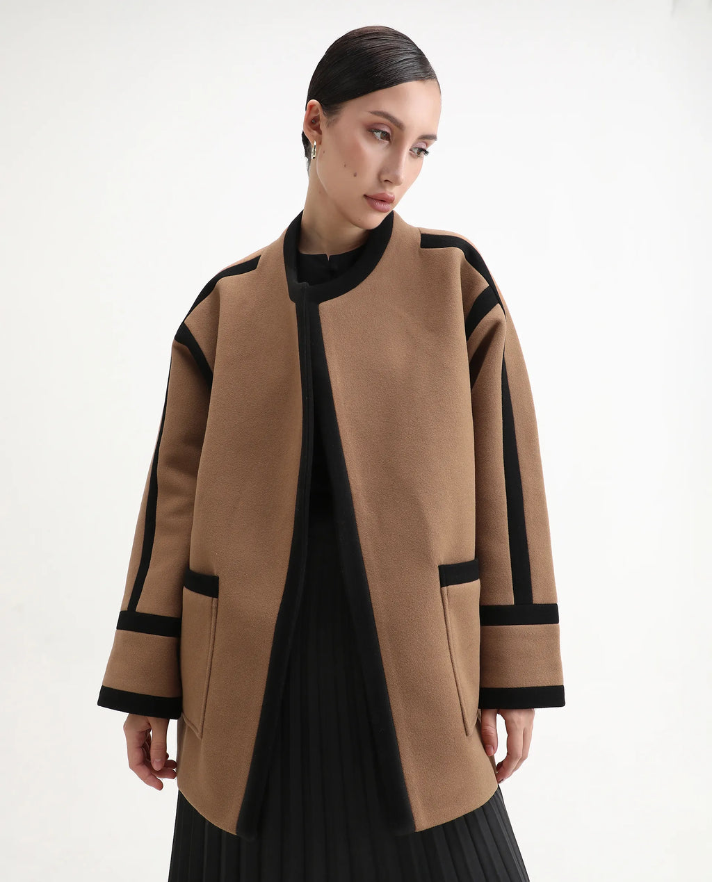 Rareism Women's Contra Tan Polyester Crew Neck Regular Fit Plain Jacket