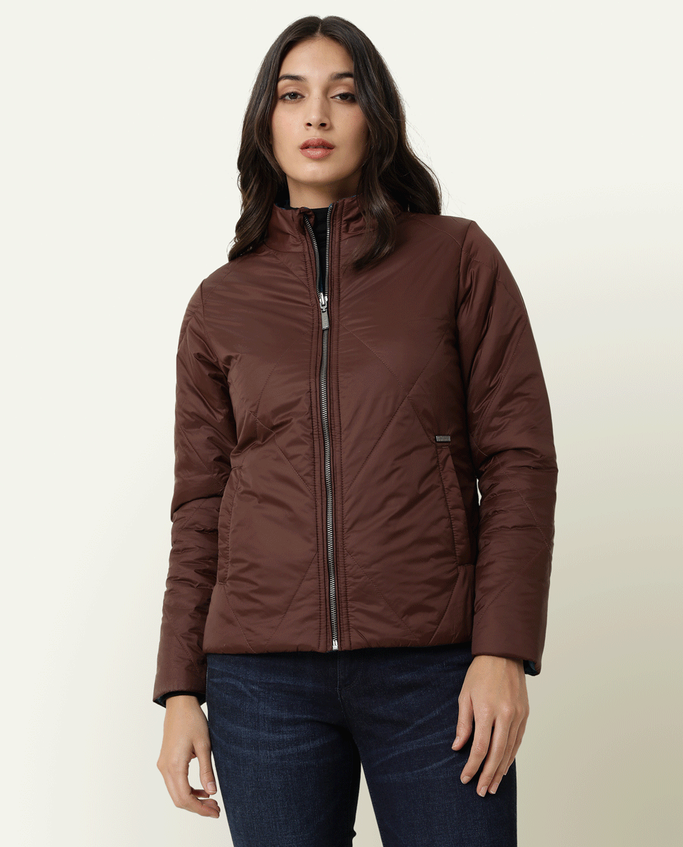 Rareism Women's Cora Maroon Polyester High Neck Plain Regular Fit Jacket