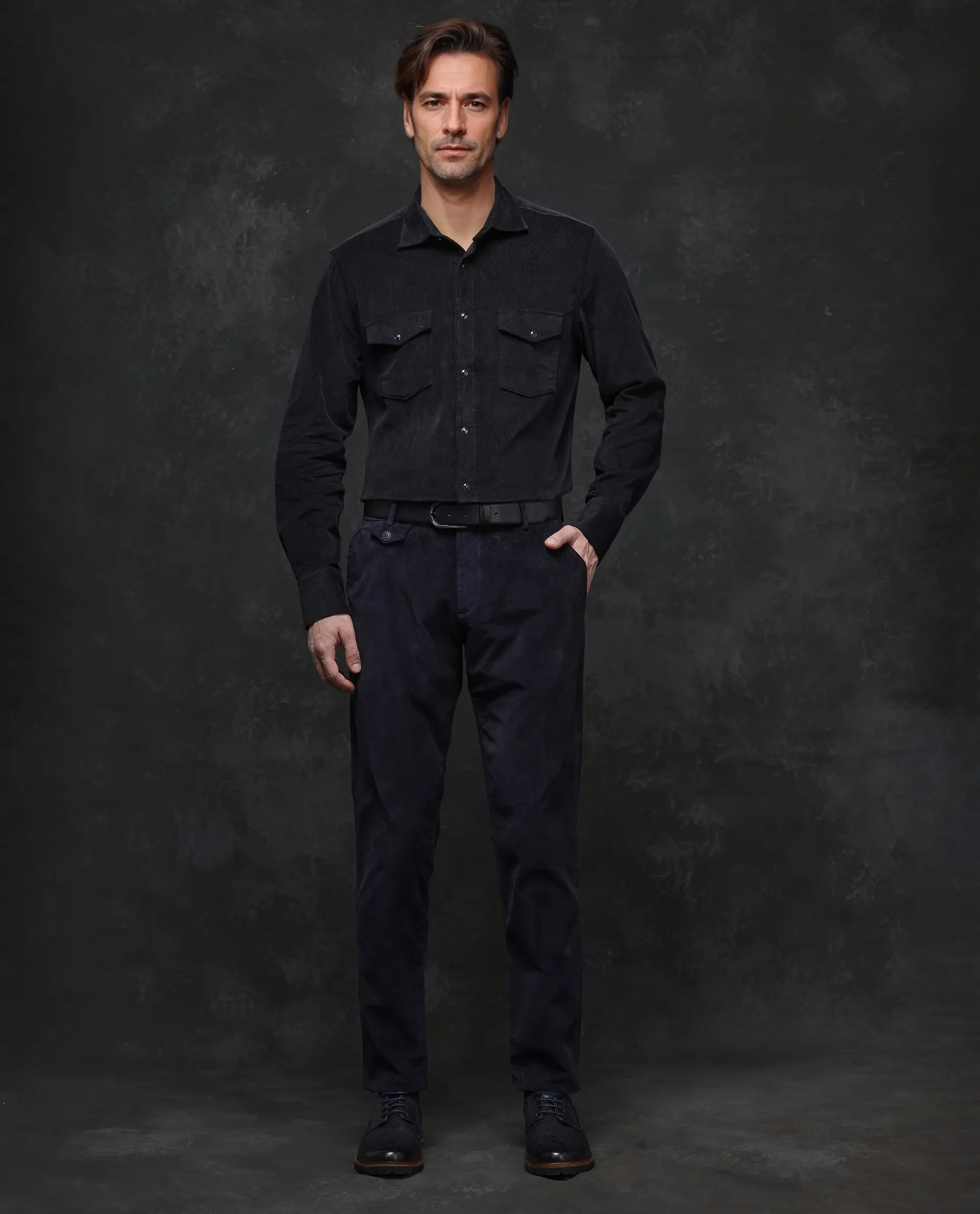 Rare Rabbit Men's Cordin-2 Black Cotton Plain Regular Fit Full Sleeve Collared Shirt