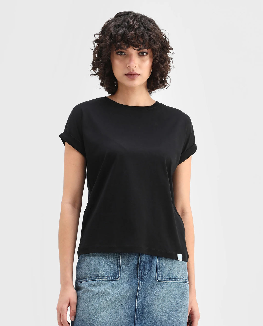 Rareism Women's Cors Black Cotton Blend Crew Neck Plain Extended Sleeves Relaxed Fit T-Shirt