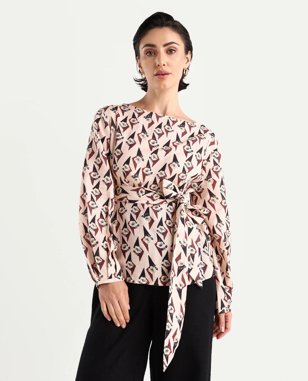 Rareism Women's Cosenza Multi Cotton Blend Boat Neck Floral Print Bishop Sleeve Regular Fit Top