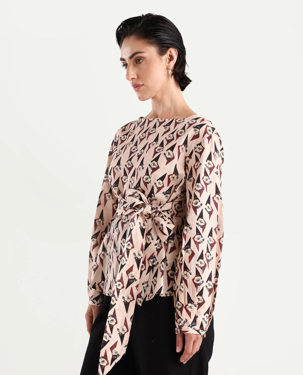 Rareism Women's Cosenza Multi Cotton Blend Boat Neck Floral Print Bishop Sleeve Regular Fit Top