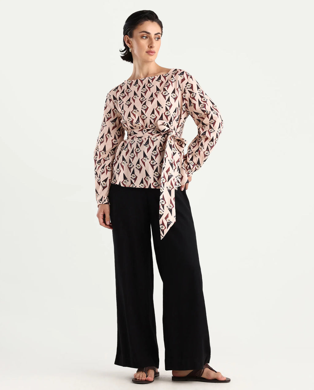 Rareism Women's Cosenza Multi Cotton Blend Boat Neck Floral Print Bishop Sleeve Regular Fit Top