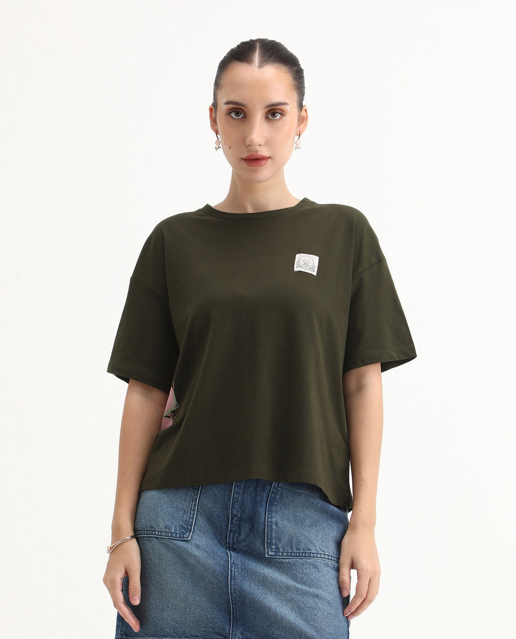 Rareism Women's Couler Olive Cotton Blend Crew Neck Graphic Print Relaxed Fit T-Shirt