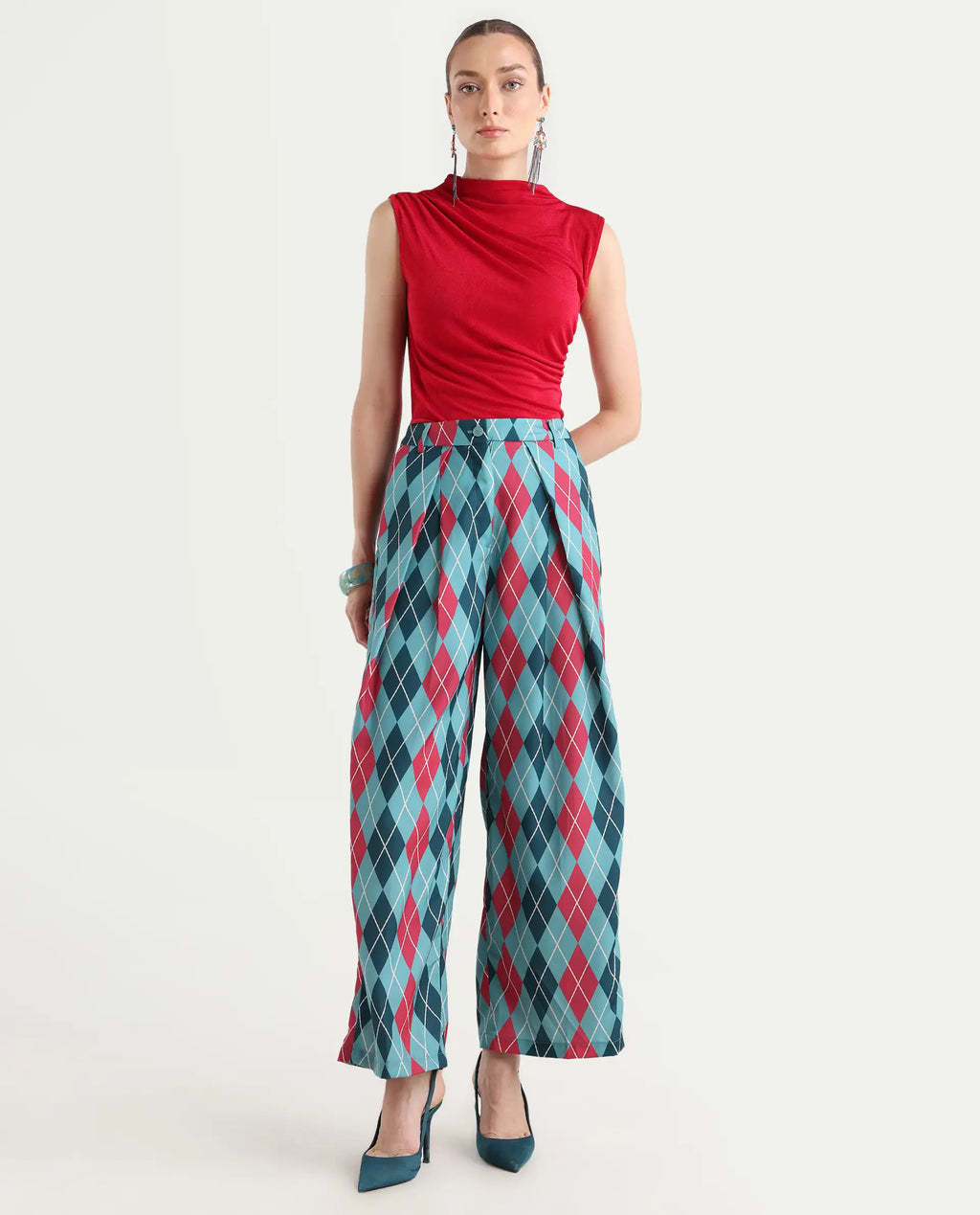 Rareism Women's Creman Multi Polyester Blend Geometric Print Ankle Length Wide Trouser