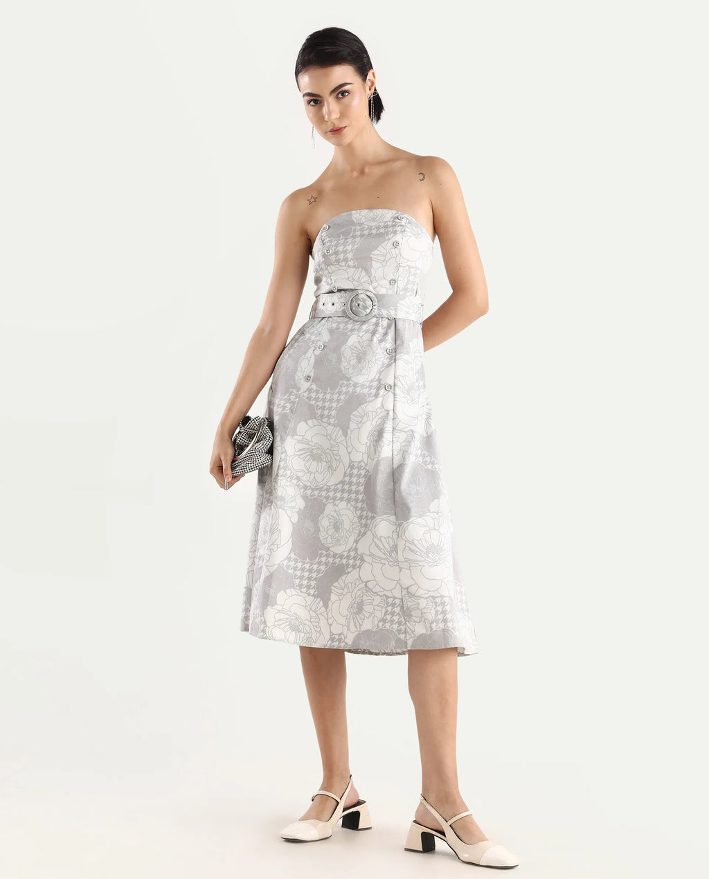 Rareism Women's Croatink Multi Cotton Blend Tube Neck Floral Print Sleeveless Midi Flared Dress