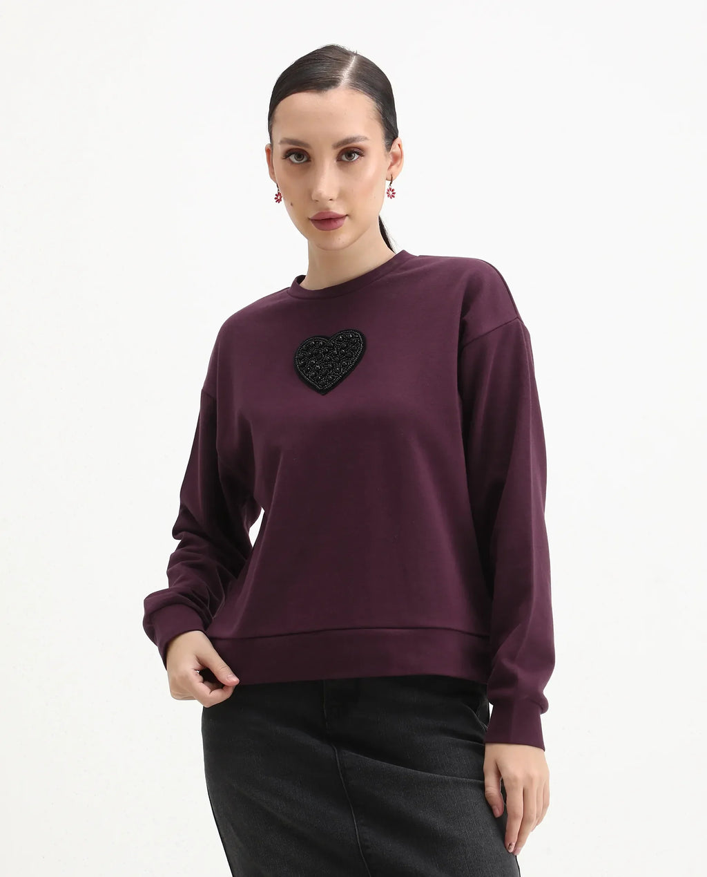 Rareism Women's Cros Dark Maroon Cotton Blend Crew Neck Regular Fit Printed Sweatshirt