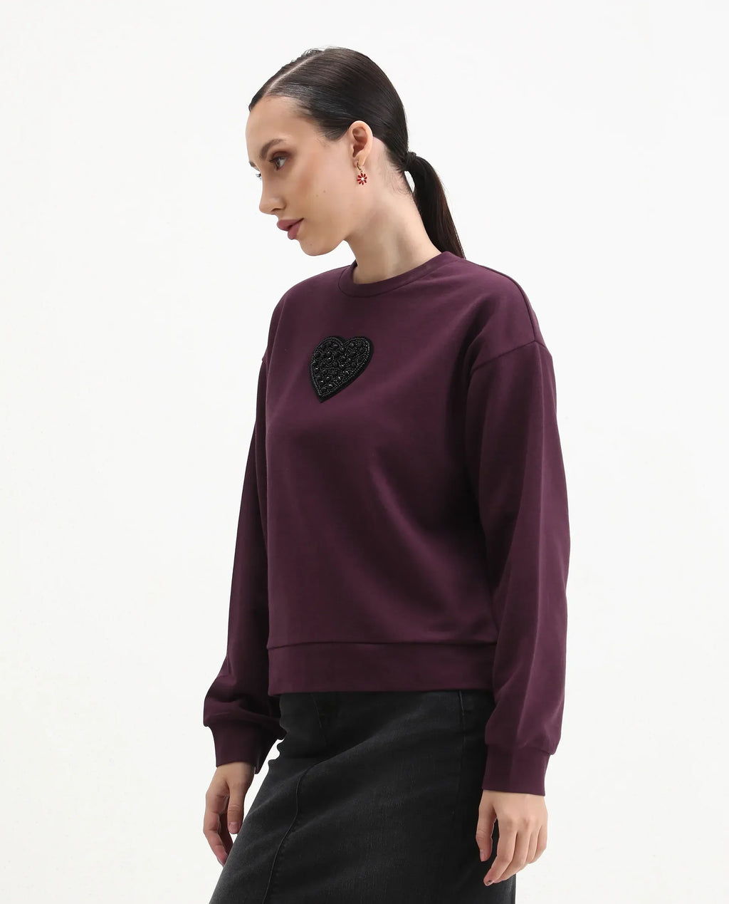 Rareism Women's Cros Dark Maroon Cotton Blend Crew Neck Regular Fit Printed Sweatshirt