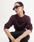 Rareism Women's Cros Dark Maroon Cotton Blend Crew Neck Regular Fit Printed Sweatshirt