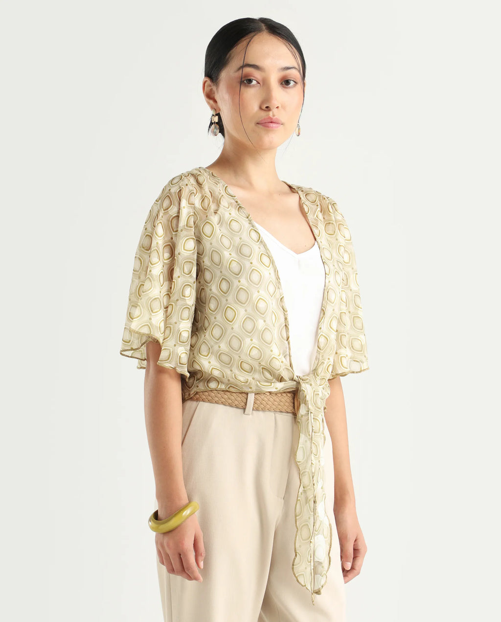 Rareism Women's Crotone Light Beige Polyester Collarless Geometric Print Ruffled Sleeve Crop Relaxed Fit Top