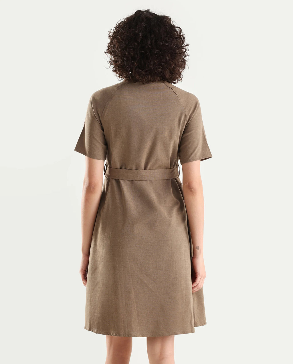 Rareism Women's Polyester Blend Drop Collar Plain Knee Length A-Line Dress