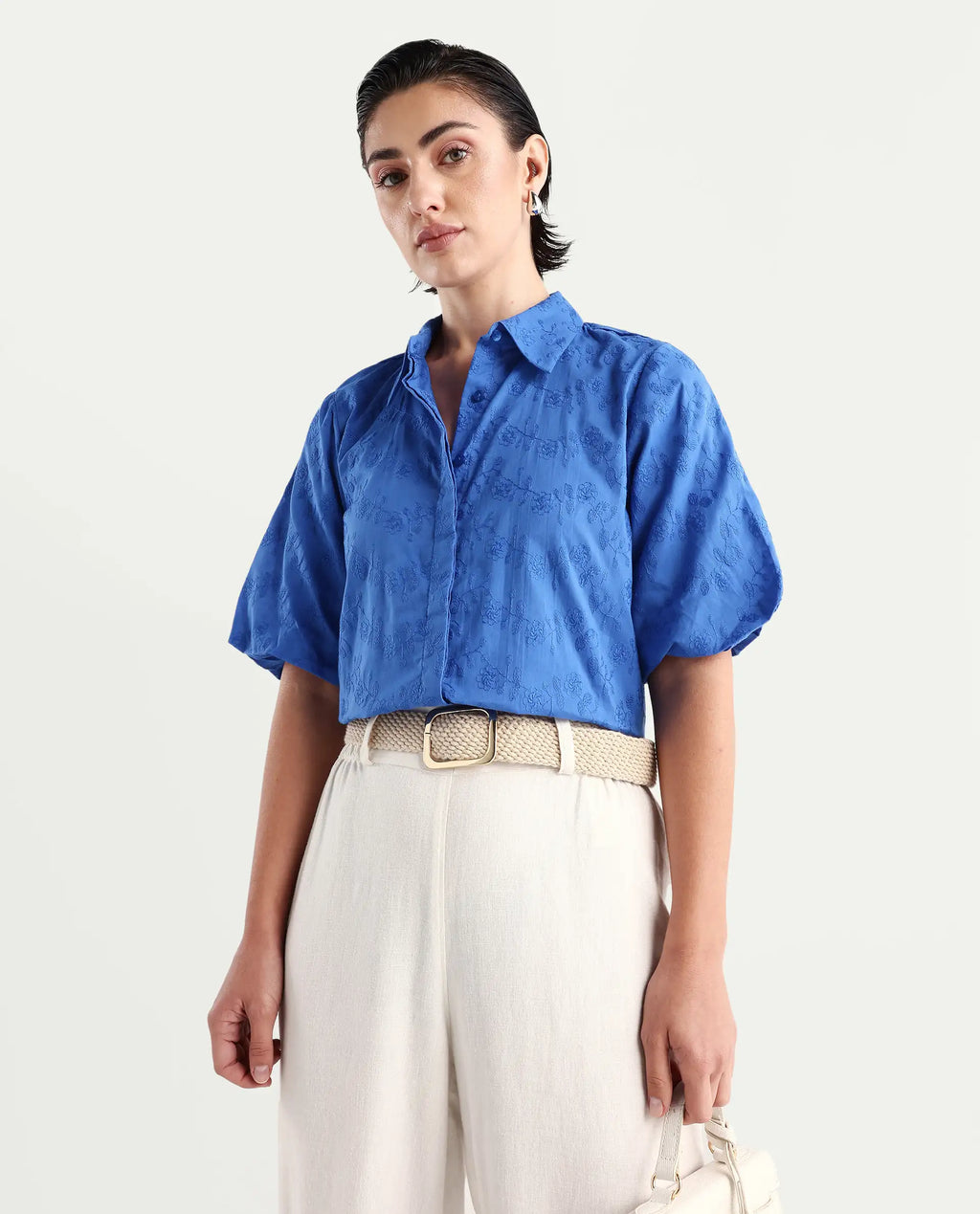 Rareism Women's Cuire Blue Cotton Drop Collar Embroidered Balloon Sleeve Regular Fit Shirt