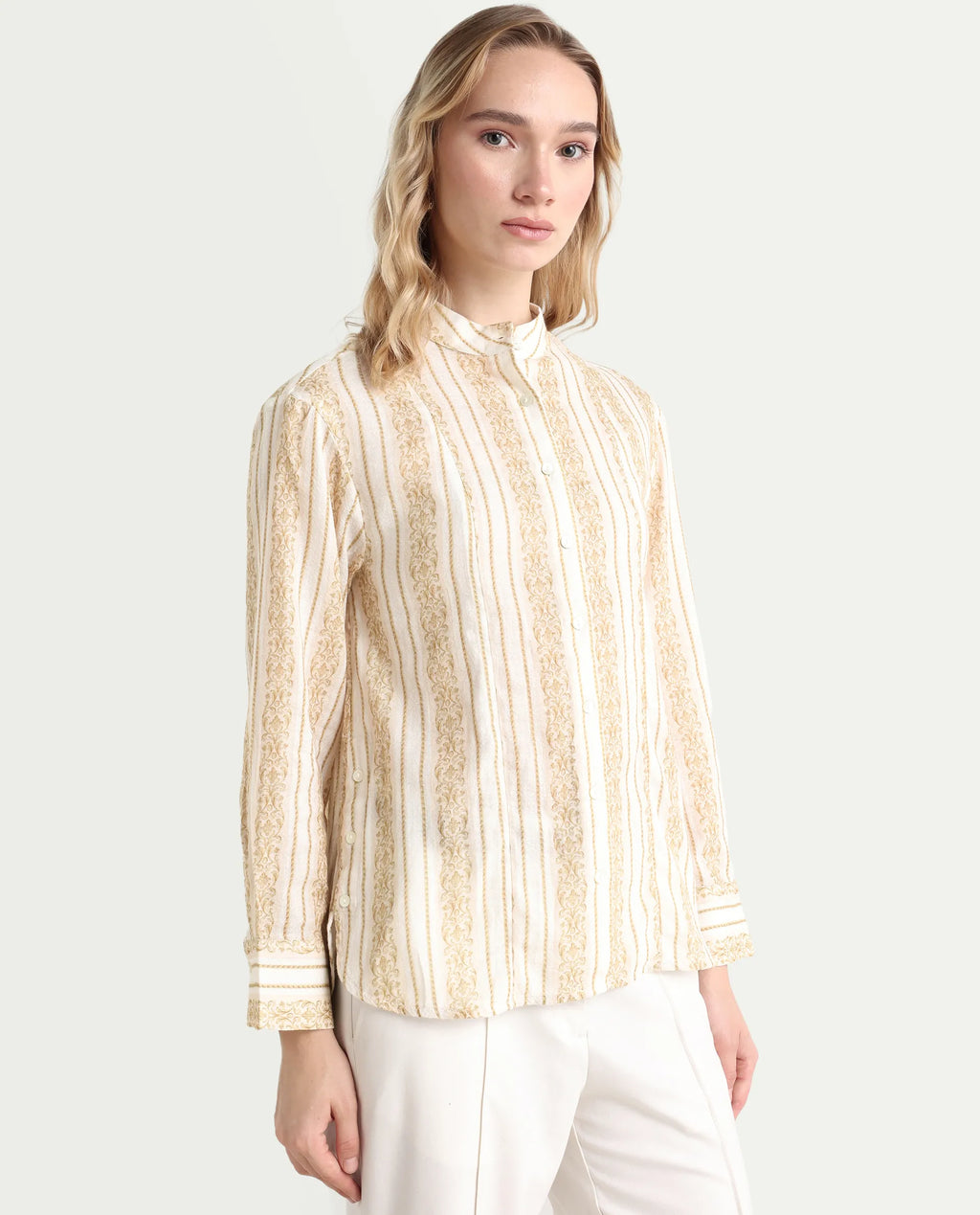 Rareism Women's Cuneo Beige Cotton Mandarin Collar Striped Cuffed Sleeve Regular Fit Shirt