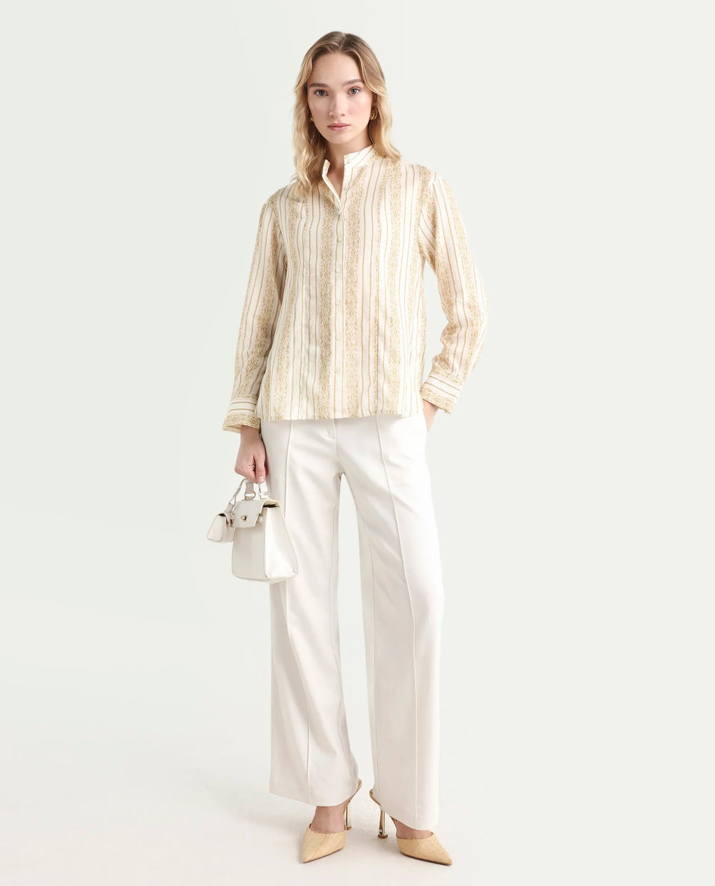Rareism Women's Cuneo Beige Cotton Mandarin Collar Striped Cuffed Sleeve Regular Fit Shirt