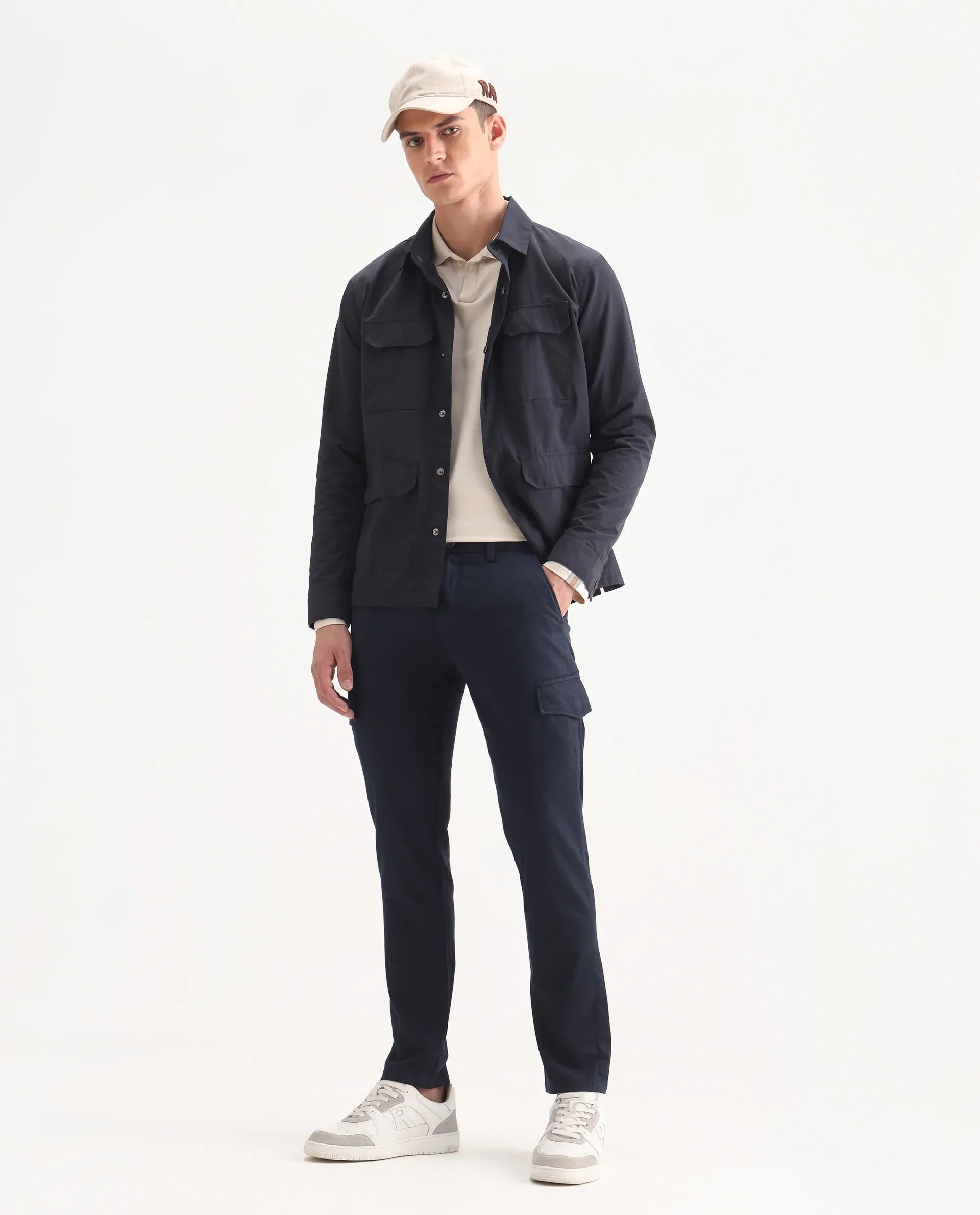 Rare Rabbit Men's Curo Navy Cotton Plain Regular Fit Trouser