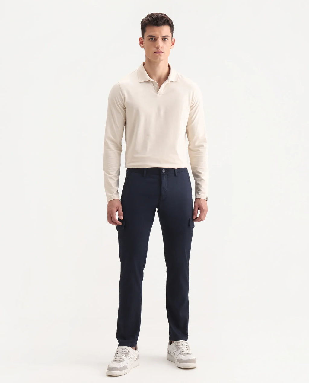 Rare Rabbit Men's Curo Navy Cotton Plain Regular Fit Trouser