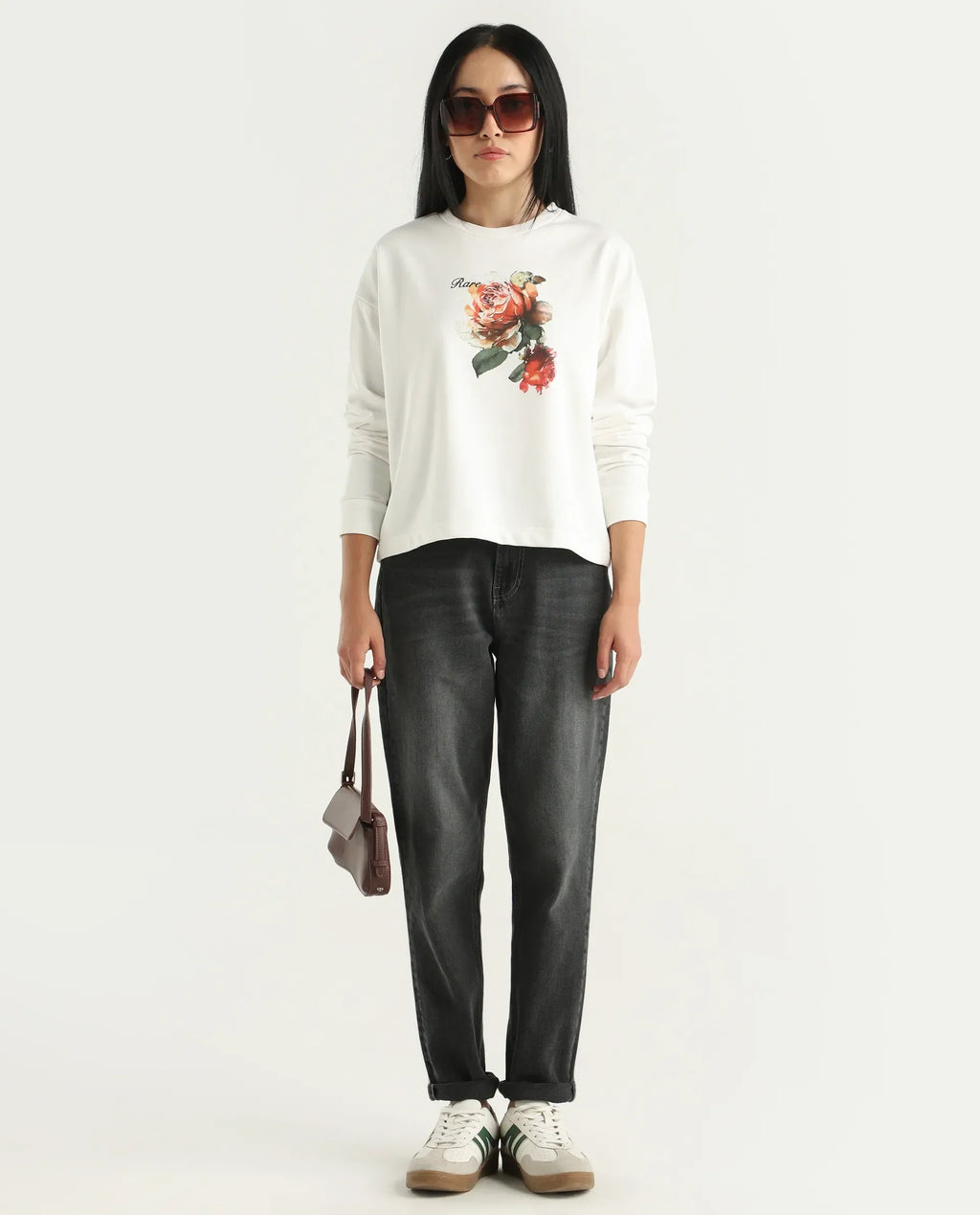 Rareism Women's Curtin Off White Polyester Blend Crew Neck Graphic Print Regular Fit Sweatshirt