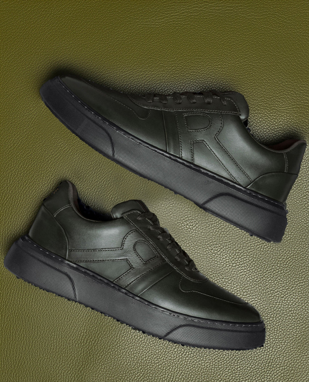 Rare Rabbit Men's Cygnus Green Genuine Leather Monotone Low-Top Lace-Up Branded Sneaker Shoes