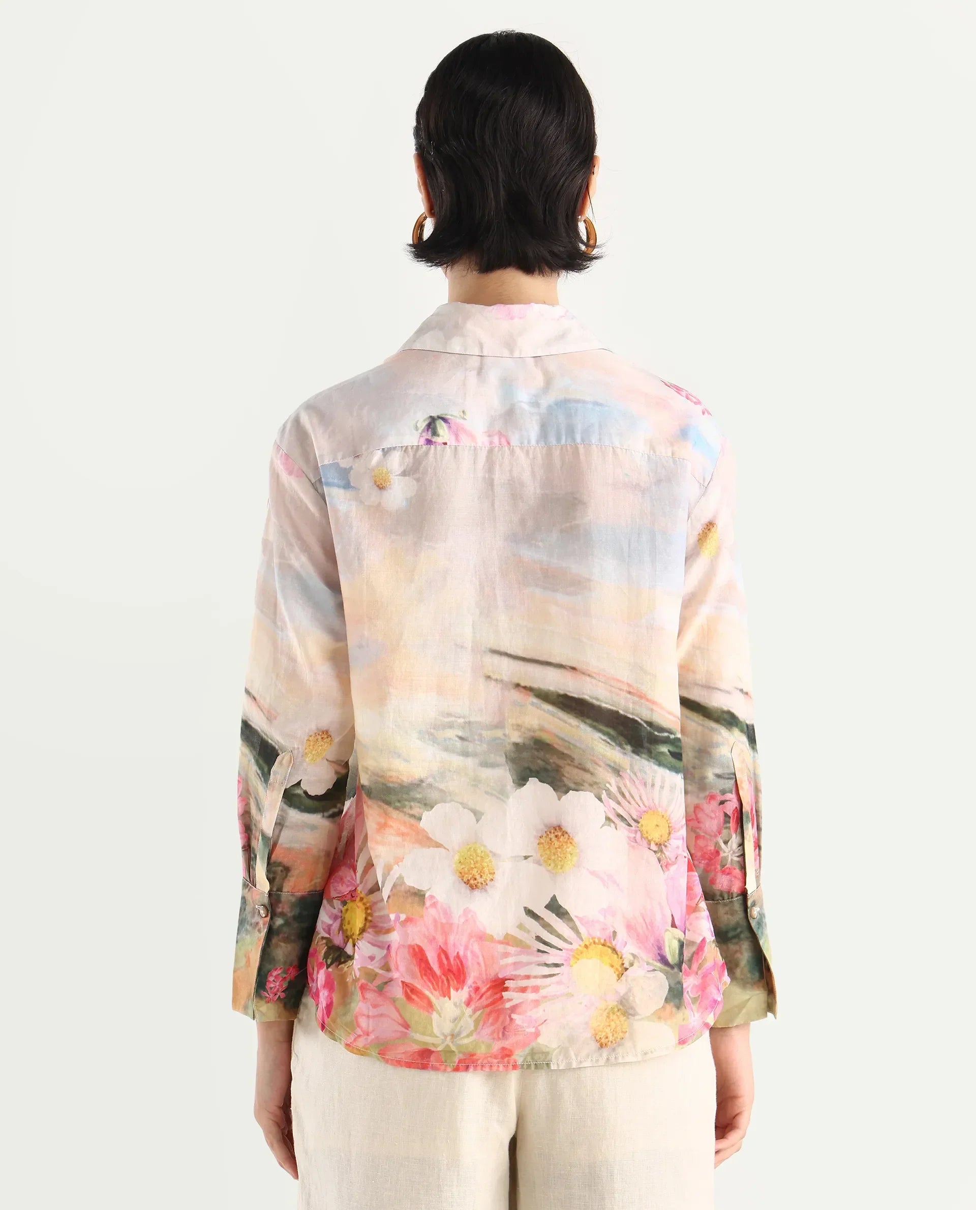 Rareism Women's Cyno Multi Cotton Drop Collar Floral Print Cuffed Sleeve Regular Fit Top