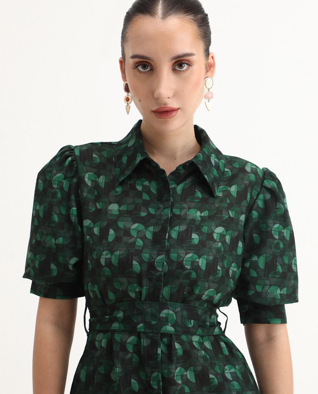 Rareism Women's Cynthia Dark Green Linen Drop Collar Abstract Print Puff Sleeves Mini Straight Fit Dress
