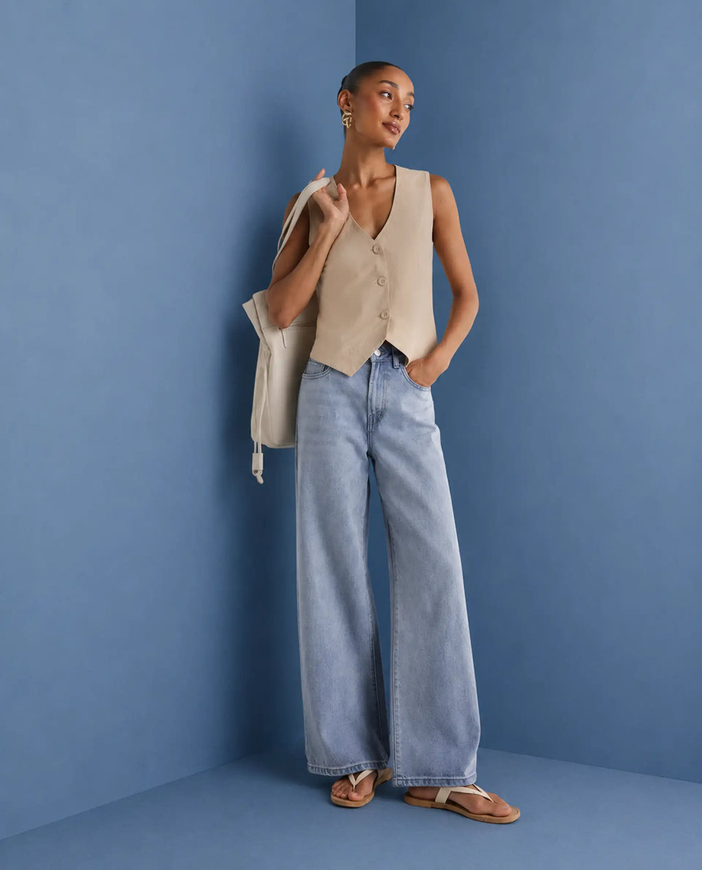 Rareism Women's Ribane Light Blue Cotton Wide Leg Plain Jeans