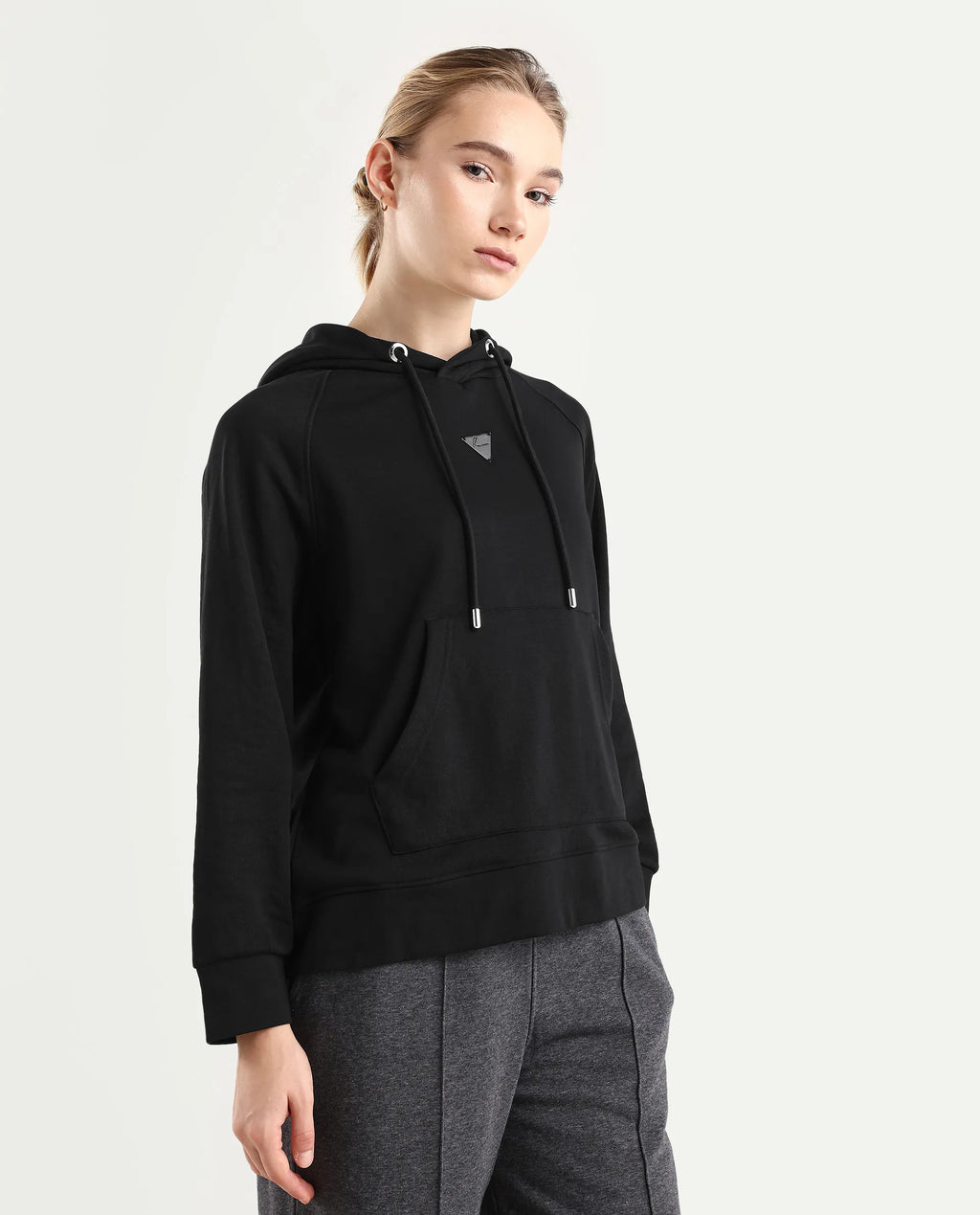 Rareism Women's Dae Black Cotton Blend Hooded Plain Relaxed Fit Sweatshirt