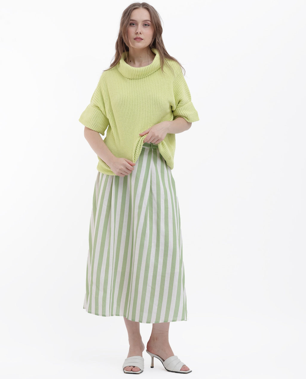 Rareism Women's Daffy 1 Flouroscent Yellow Cotton High Neck Plain Relaxed Fit Sweater