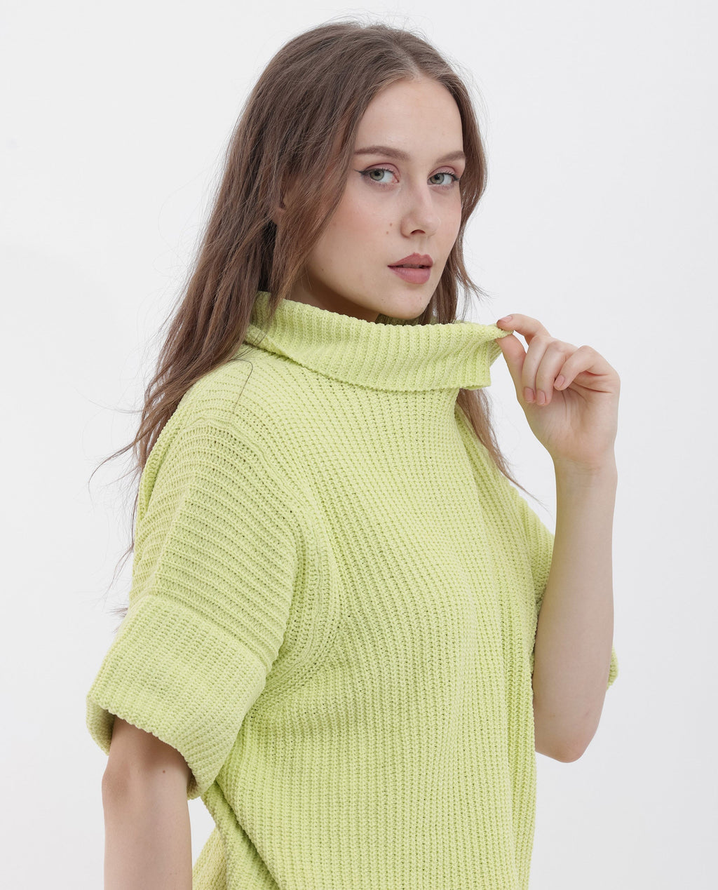 Rareism Women's Daffy 1 Flouroscent Yellow Cotton High Neck Plain Relaxed Fit Sweater