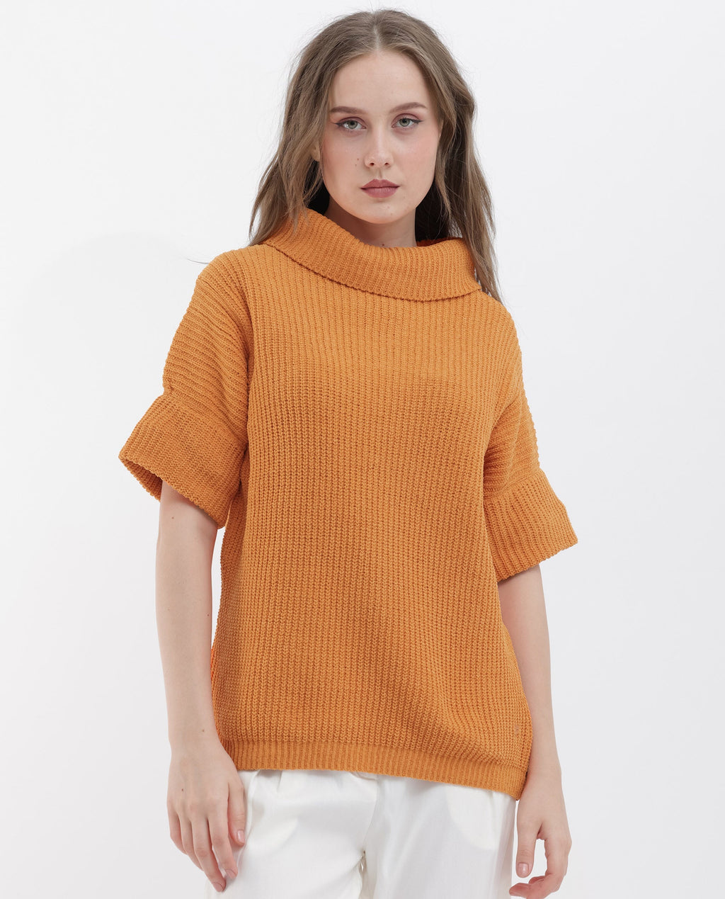 Rareism Women's Daffy 1 Orange Polyester Blend High Neck Plain Relaxed Fit Sweater