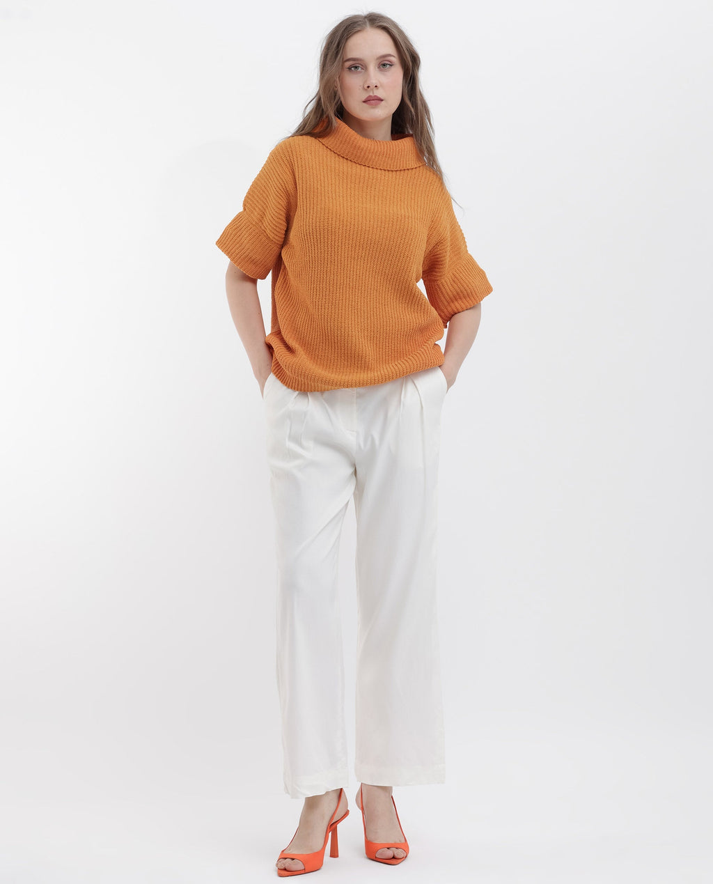 Rareism Women's Daffy 1 Orange Polyester Blend High Neck Plain Relaxed Fit Sweater