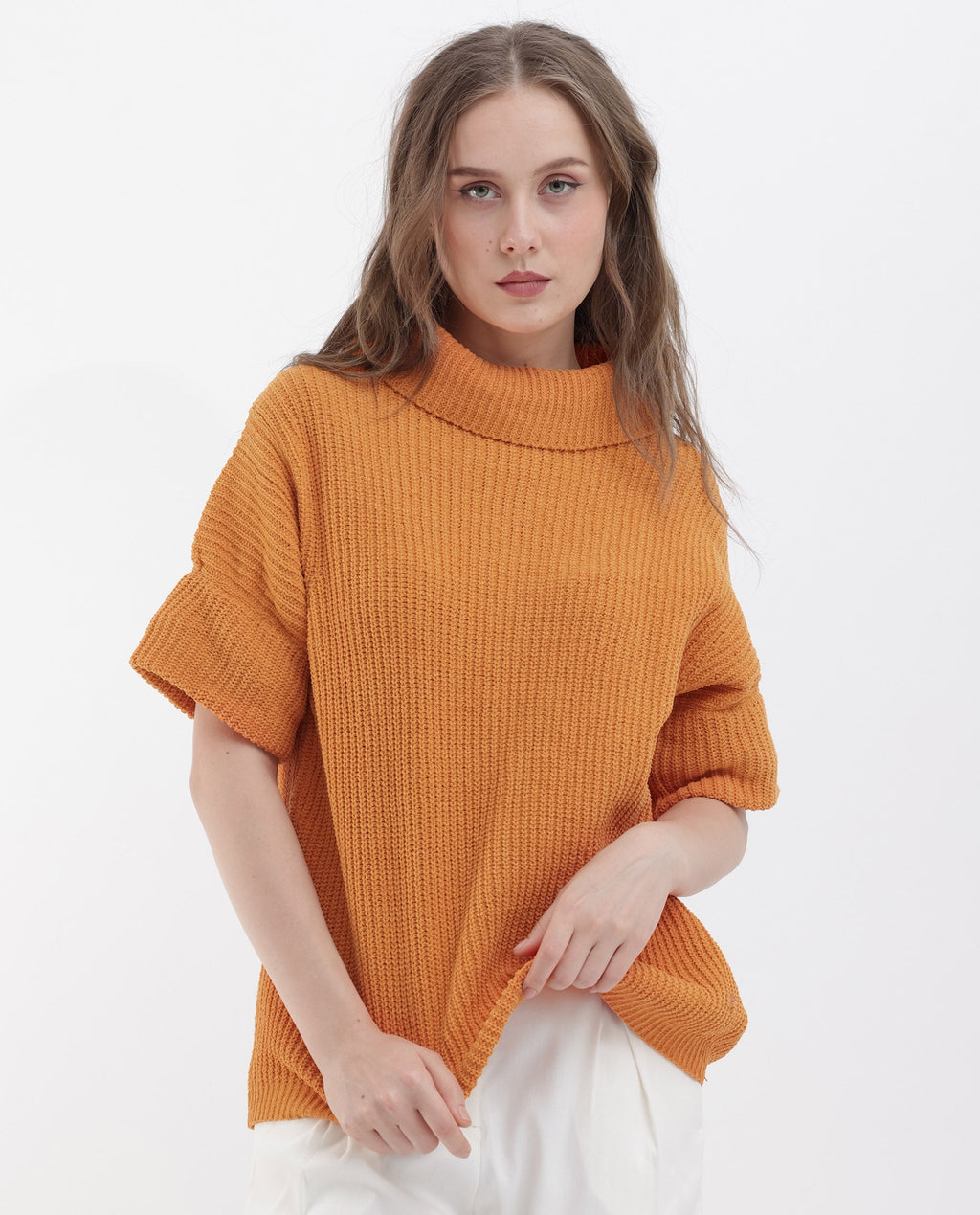 Rareism Women's Daffy 1 Orange Polyester Blend High Neck Plain Relaxed Fit Sweater